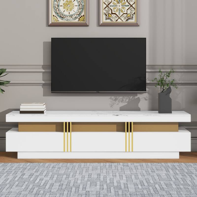 TV Stand with Faux Marble Tabletop, Rectangle Entertainment Center, Media Console Table with 3 Drawers & Golden Panel Design