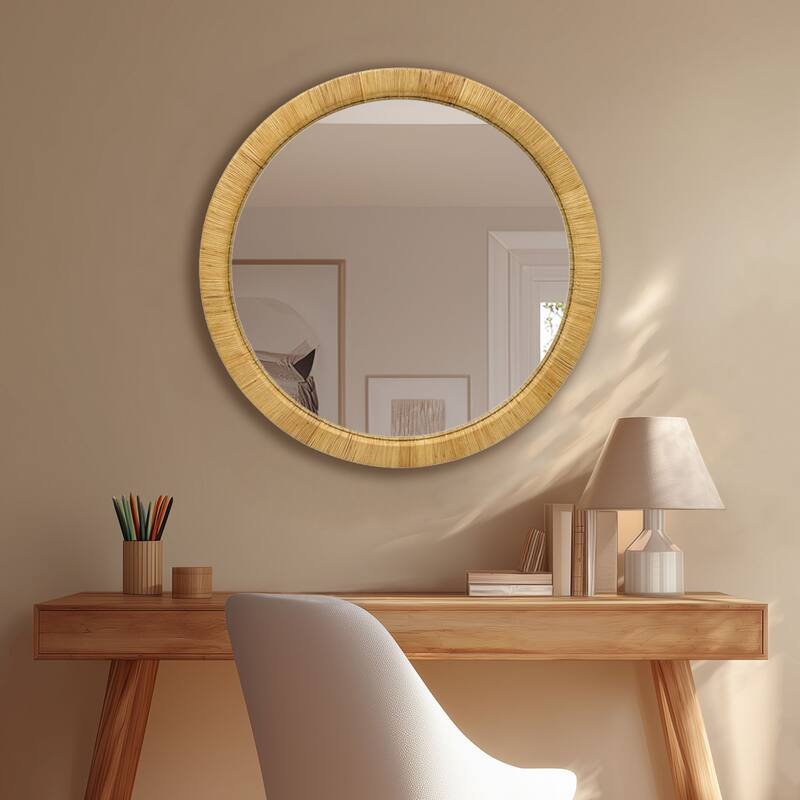 36" Dia Natural Rattan Round Wall Mirror