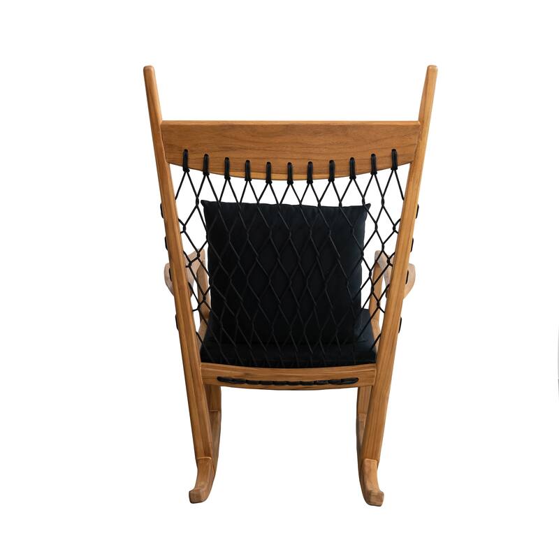 Teakwood and Woven Rope Rocking Chair with Cushions, Black and Natural - 86.6"L x 30.7"W x 28.7"H