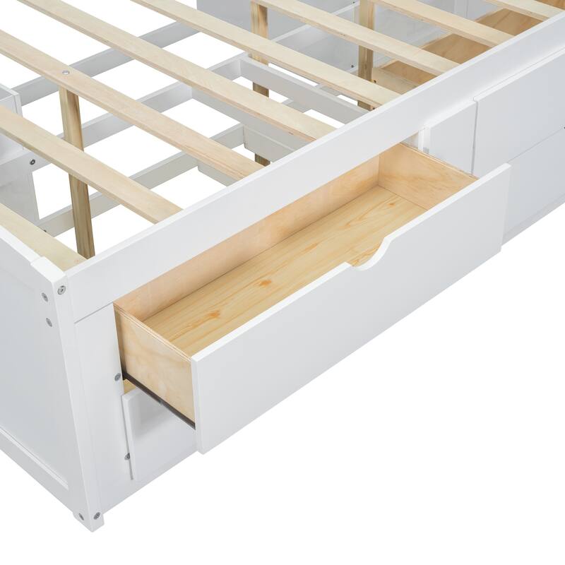 Full Size Wood Daybed with 2 Bedside Cabinets, Upper Shelves and 4 Drawers