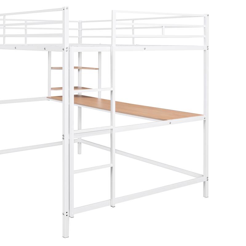 Full Size Loft Bed with Metal Frame, Built-in Wooden Desk and Corner Shelves, Metal Loft Bed Frame with Ladder and Guardrails