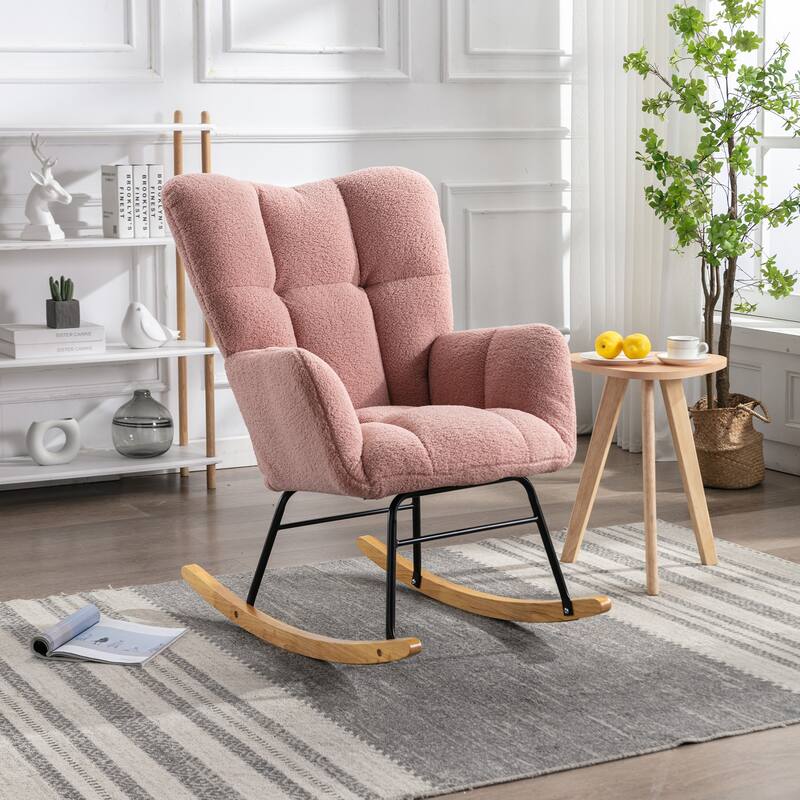 Modern 31.5" High Back Upholstered Buttons Tufted Rocking Chair with Solid Wood Legs and Black Paint Metal Base
