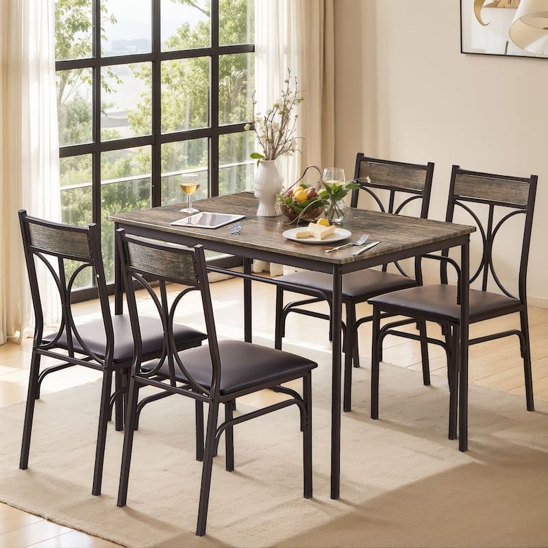 VECELO Modern 3/5-piece Dining Set Tempered Glass Top and Wood Top, Steel Dining Table and Chair Set of 2/4