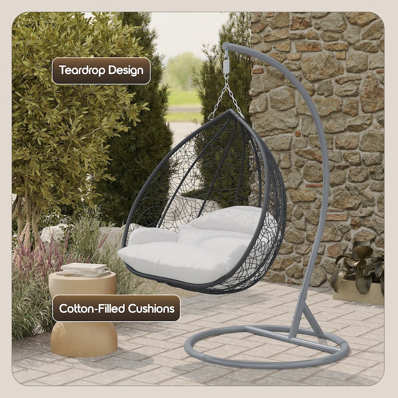 2-Person Egg Swing Chair in Grey Stainless Steel 2-Seater Porch Swing for Outdoor and Indoor - 77.95" Height