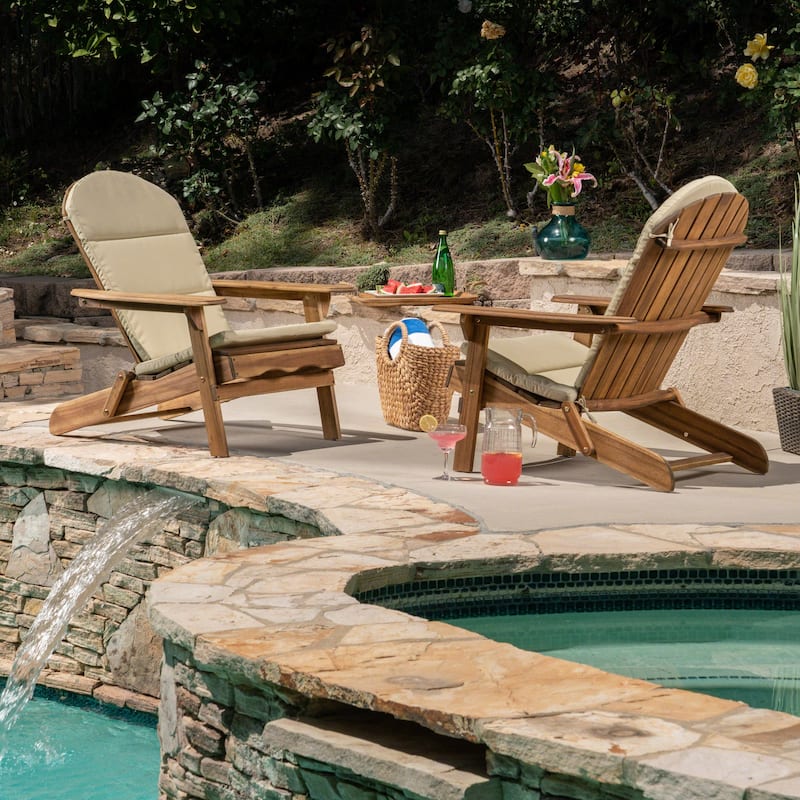 Malibu Outdoor Acacia Wood Folding Adirondack Chairs with Cushions (Set of 2) by Christopher Knight Home - Natural+Khaki Cushion