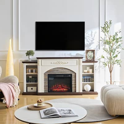 Classic 72 inch Electric Fireplace with Mantel White TV Stand Entertainment Center with Storage