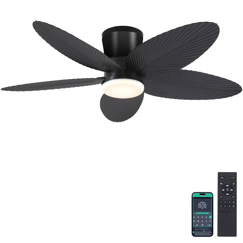 42 Inches Flush Mount Ceiling Fan with Light and Palm Leaf ,3CCT Dimmable LED Integrated,for Indoor and Outdoor - 42 Inches - Black