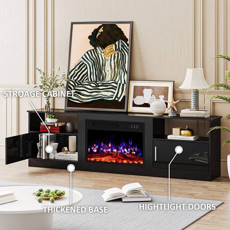 BOSSIN 70-inch TV Stand with 23" Electric Fireplace, Modern High-Gloss Entertainment Center for TVs up to 80" for Living Room