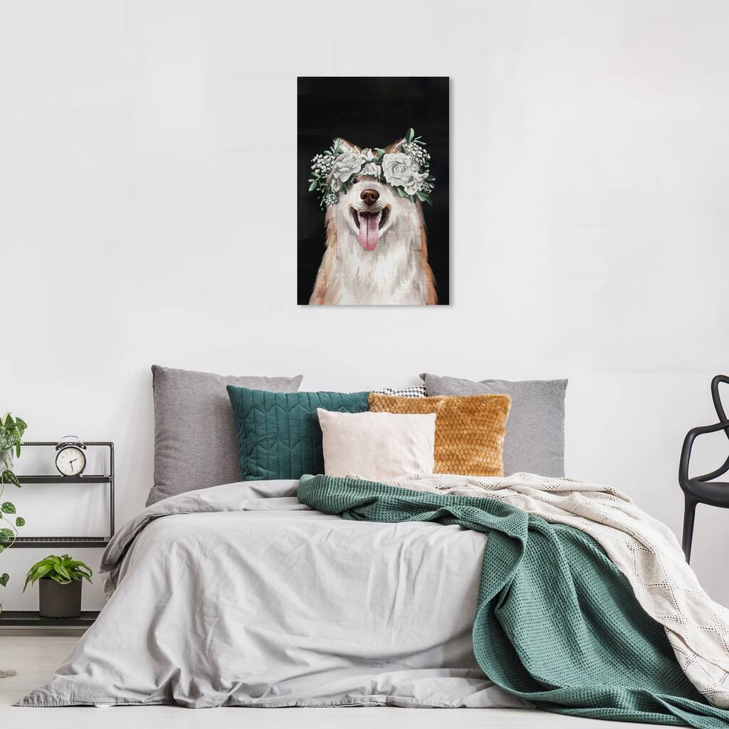 Wynwood Studio Canvas Animals Gorgeous Floral Dog White and Cream White Rustic Wall Art Canvas Print