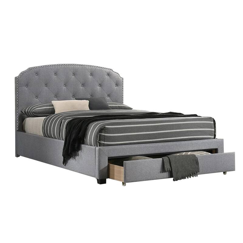 Linen Upholstered Queen Bed with 1 Drawer - Light Grey/Black