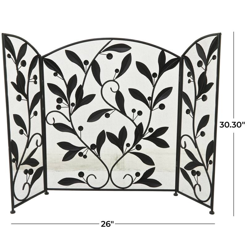 Black Metal Foldable 3 Panel Scroll Fireplace Screen with Leaf and Vine Relief