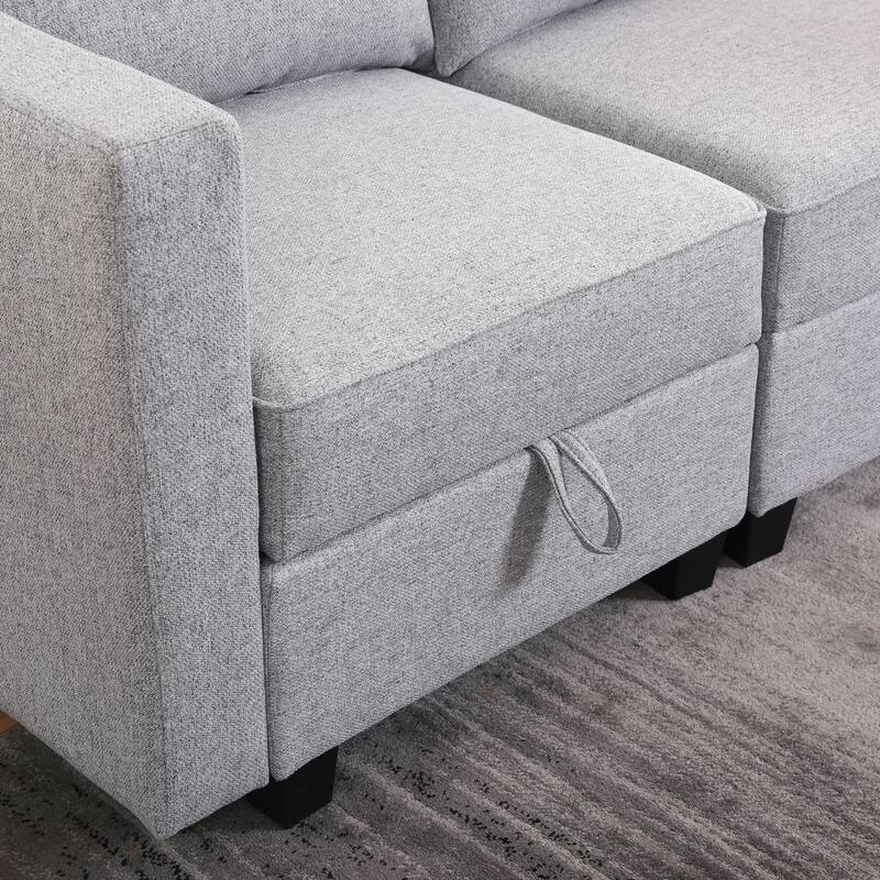 87" Burlap L-Shaped Modular 3-Seater Sofa with Ottoman & Storage