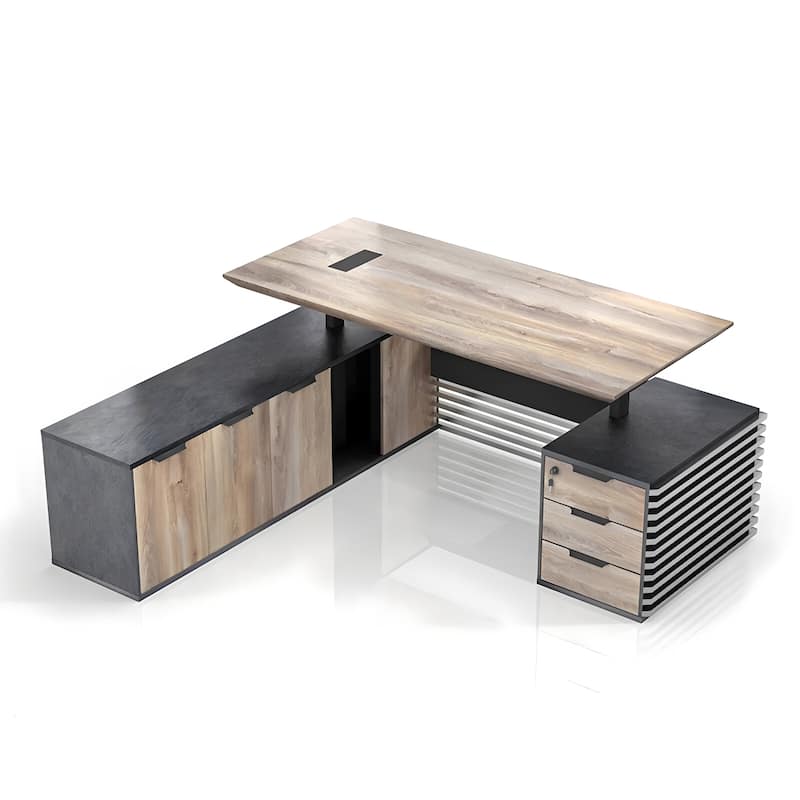 Adjustable Height Executive L Shaped Standing Desk w/ Cable Box Drawers Cabinets Outlet - 86.6" - Multi-Left Return