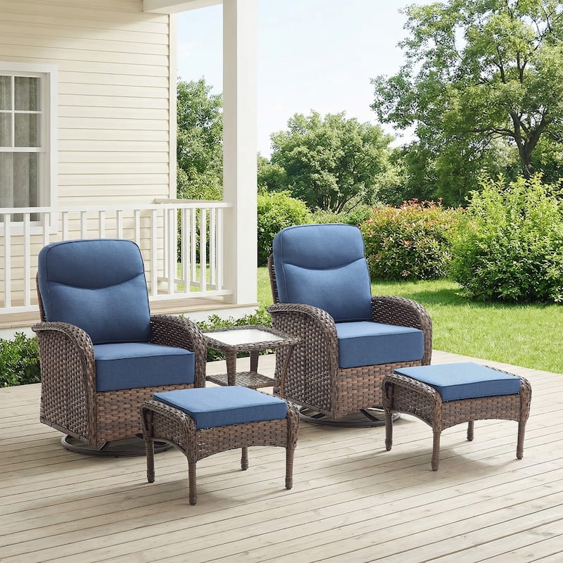Pocassy Outdoor Sofa Swivel Chair and Ottman with Fire Pit Table - Brown Wicker Blue Cushion - 5-Piece Swivel Chair with Ottoman