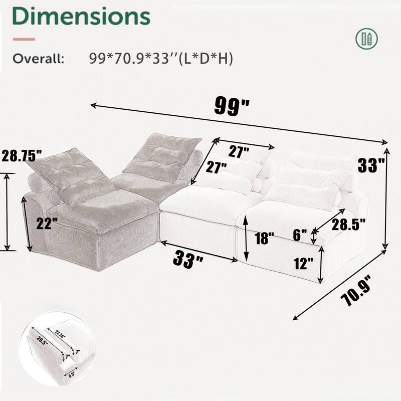 99" Modular Corduroy Sectional Sofa with 8 Pillows & Armless Design