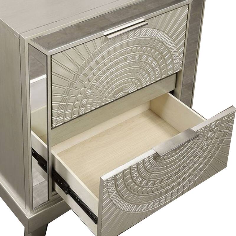 Pok 28 Inch Modern 2 Drawer Nightstand, Beveled Mirror Trim, Champagne