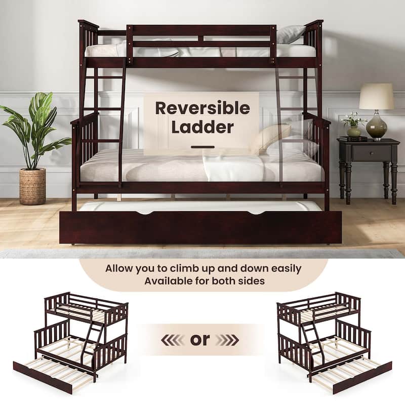 3-in-1 Twin Over Full Bunk Bed with Trundle Ladder Safety Guardrails