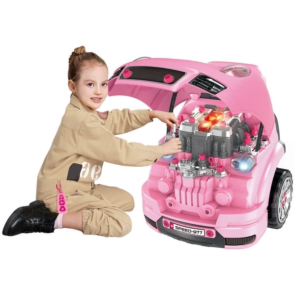 slide 2 of 5, Mechanic Kids Truck Engine Toy Set, 61-Piece Car Service Playset with Steering Wheel and Horn for Boys & Girls Aged 3-5 Years Kids - Pink
