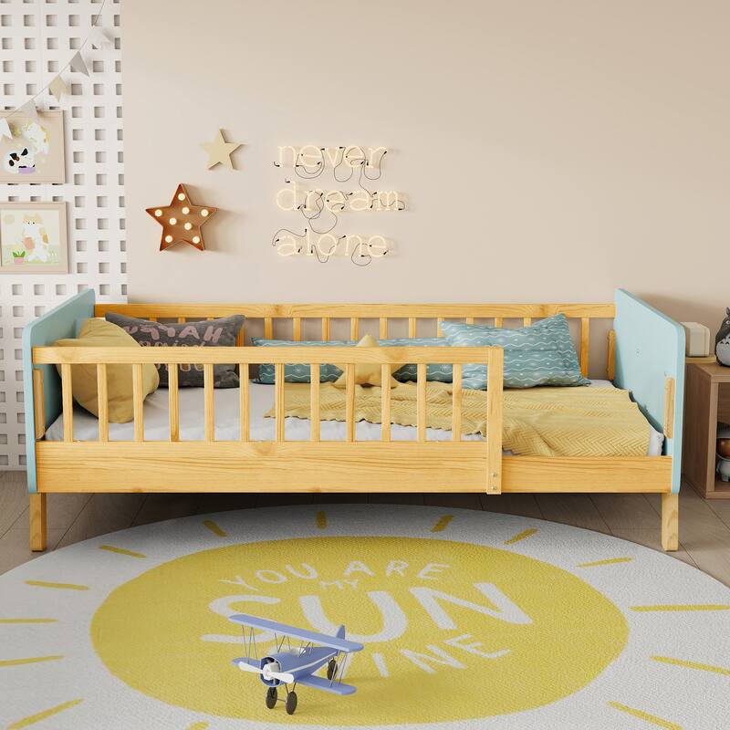 Kids Wood Platform Bed with Guardrails, Bottle Holder and 2 Hanging Rod, Convertible Toddler Daybed, Low Profile Design Frame