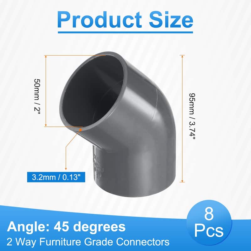 8pcs 45 Degree Elbow Pipe Fittings 2" 2 Way Furniture Grade Connectors - Gray