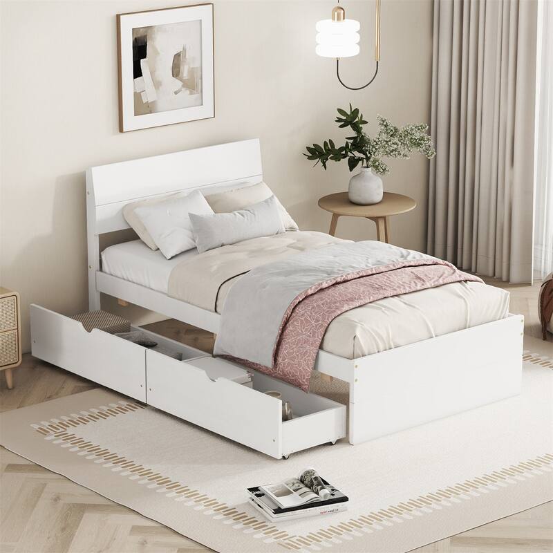 Modern Solid Wood Storage Twin Bed Frame with 2 Drawers and Headboard - White