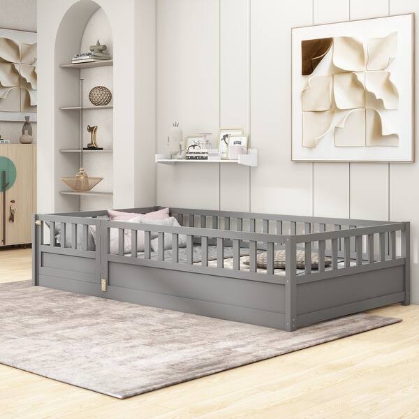 slide 2 of 37, Twin Wooden Floor Bed with Guardrails, Door & Montessori Design, Grey Grey