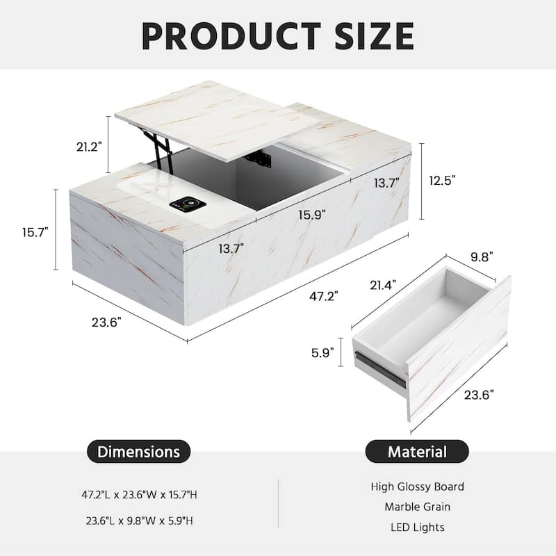 Meyreso Lift-Top Smart Marble Coffee Table with LED Light and Hidden Storage