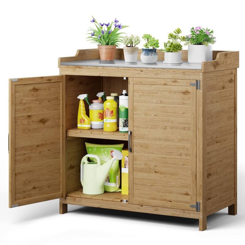 Outdoor Potting Bench with Metal Tabletop, Outdoor Garden Patio Wooden Storage Cabinet with Adjustable Shelf