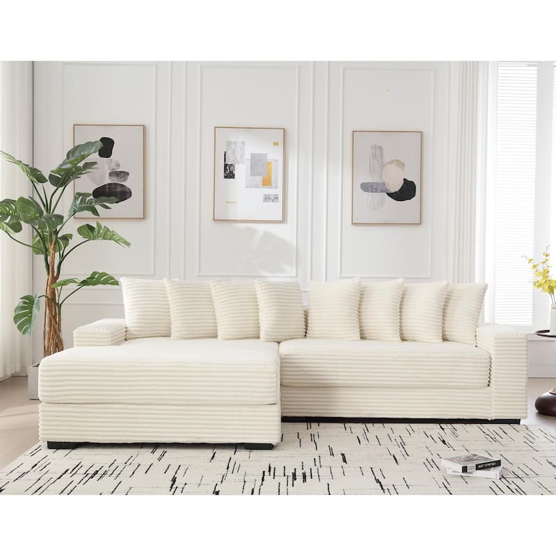 Oversized Corner Couch L-Shaped Corduroy Sofa Set with Left Chaise Daybed, Armrests, and Eight Throw Pillows
