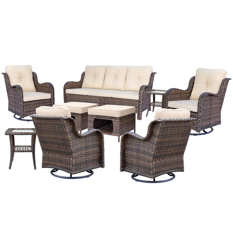 9 Piece Outdoor Patio Furniture Set Wicker Swivel Chair with Ottoman