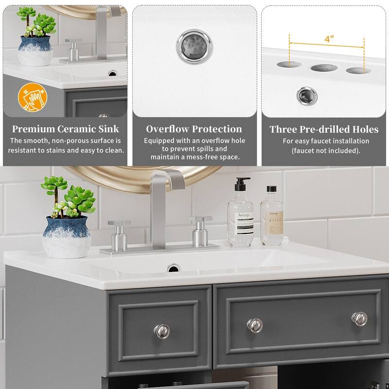 Bathroom Vanity Set: 24-Inch Cabinet With Ceramic Sink, Two Drawers And A Single Door - 24"W*18.3"D*34.3"H