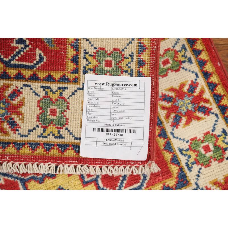 Red Traditional Kazak Oriental Rug Hand-Knotted Wool Carpet - 2'0"x 3'0"