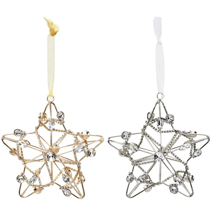 Sevita Gold and Silver Shining Crystal Chain Wrapped Star Ornament, Set of 4 - 8.5" x 5" x 2"