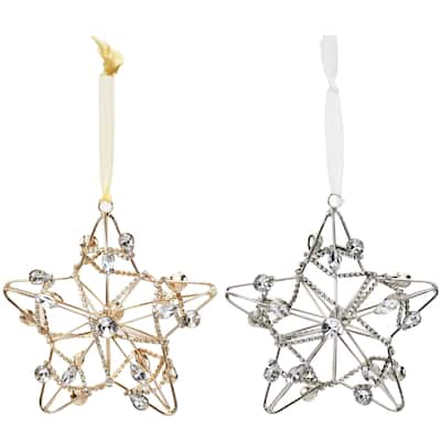 Sevita Gold and Silver Shining Crystal Chain Wrapped Star Ornament, Set of 4 - 8.5" x 5" x 2"