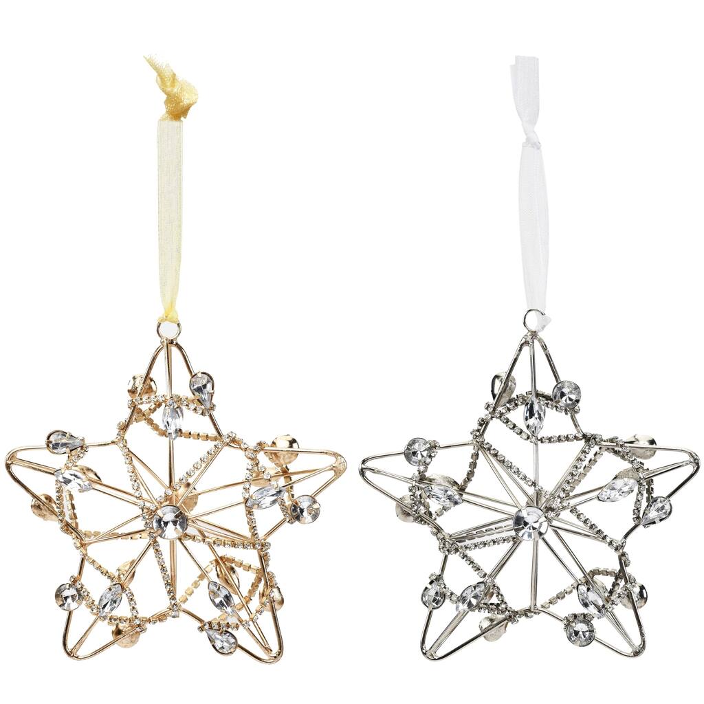 Sevita Gold and Silver Shining Crystal Chain Wrapped Star Ornament, Set of 4 - 8.5" x 5" x 2"