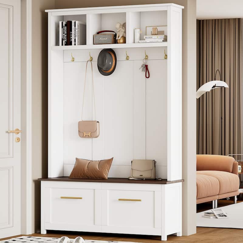 Elegant 4-in-1 Hall Tree with Golden Hooks, Wood Grain Bench, and Ample Storage - White