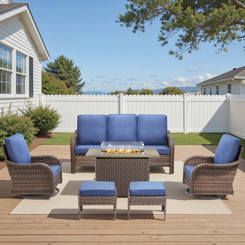 Pocassy Patio Sofa Swivel Chairs Ottoman with Fire Table Funiture - Blue Cushion - Brown Wicker - 6-Piece Sofa Swivel Chair Ottoman w/ Fire Table