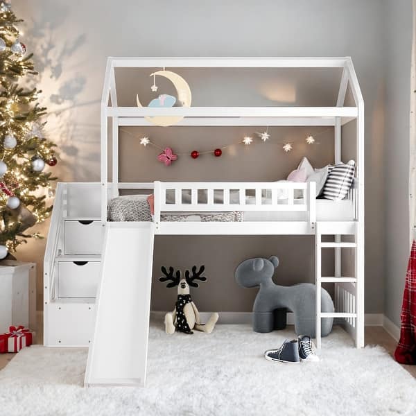 slide 2 of 28, Modern Twin Size Loft Bed House Bed With Two Storage Drawers and Slide For Bedroom,Dorm,Kids