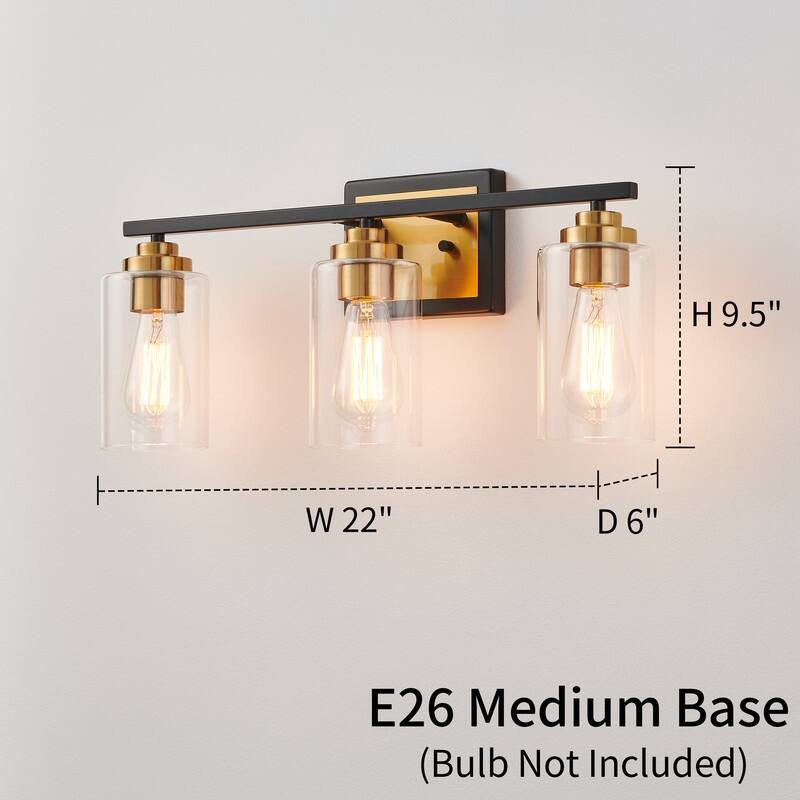 KAWOTI Rive 3-Light Antique Brass Dimmable Bathroom Vanity Light