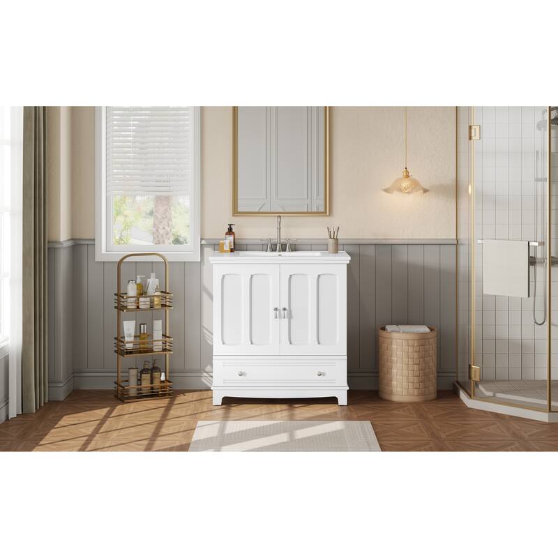 GDFStudio - Bramshire Modern Bathroom Vanity with Ceramic Sink, Solid Wood Feet, Drawer with Divider & Adjustable Shelf - 30'W