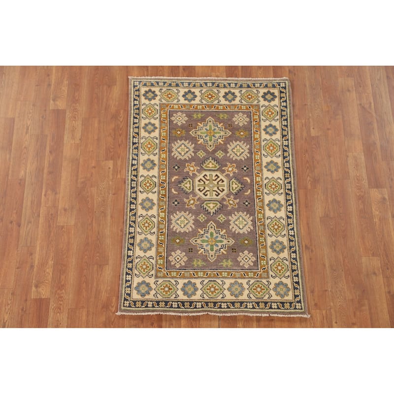Geometric Brown Kazak Oriental Accent Rug Handmade Wool Carpet - 2'9" x 4'2"