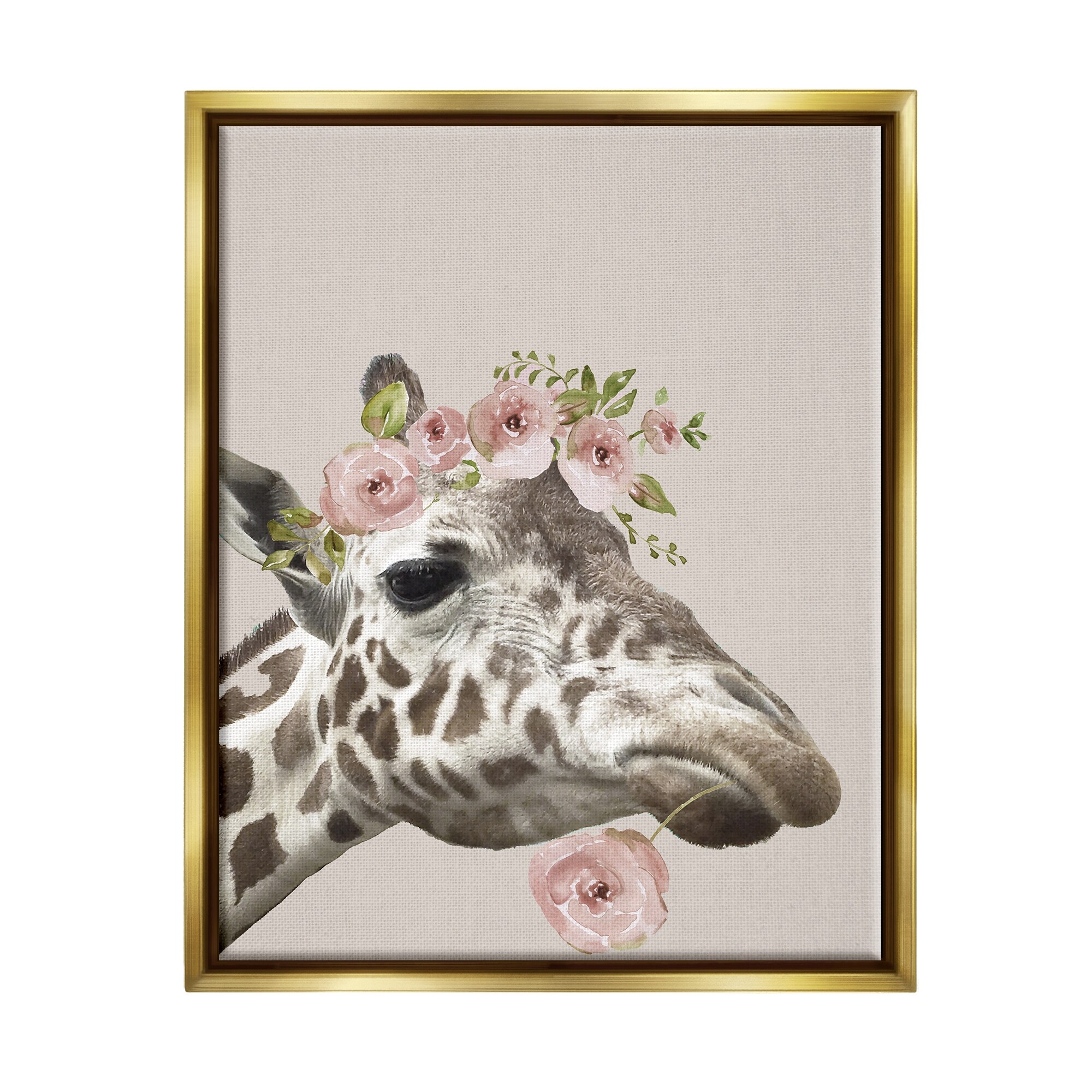 Stupell Giraffe with Rose Crown Framed Floater Canvas Wall Art Design by Nan