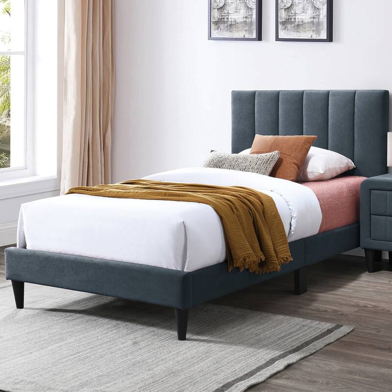 Brushed Linen Fabric Adjustable Headboard Full Bed with Channel Tufting Design