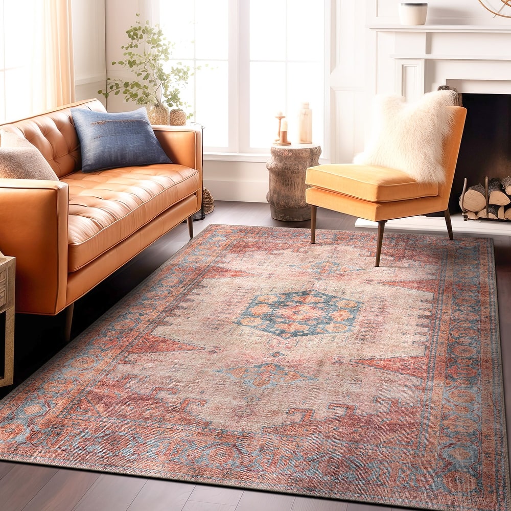 World Rug Gallery Vintage Bohemian Machine Washable Non Slip Area Rug
