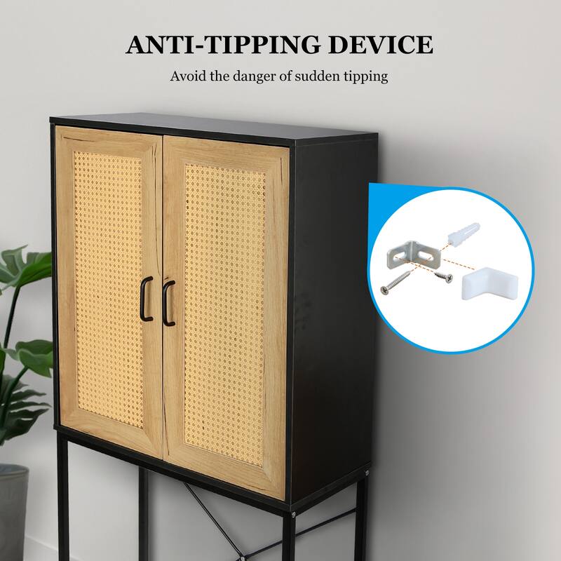 Elegant Cabinet with 2 Rattan Doors Bedroom Living Room Kitchen Cupboard Wooden Furniture with 3-Tier Shelving X-Shaped