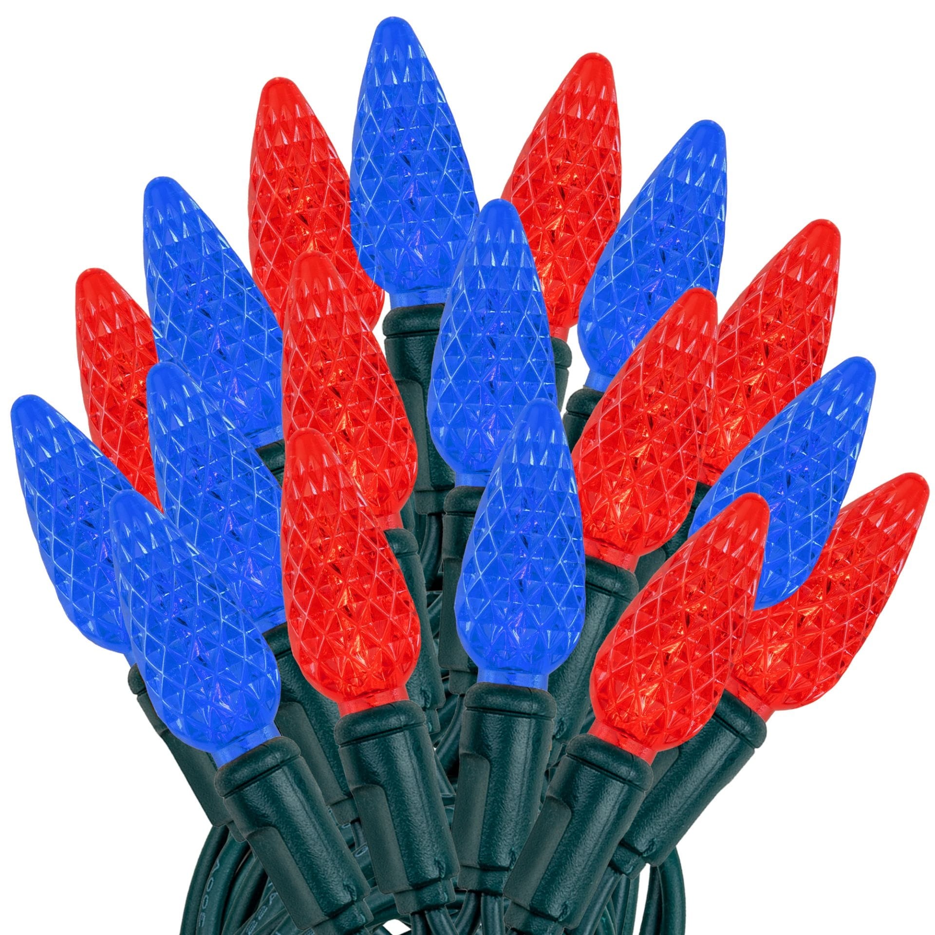 70 Light C6 LED Christmas Mini Light Set, Red/Blue, Green Wire, 24 Feet - Large