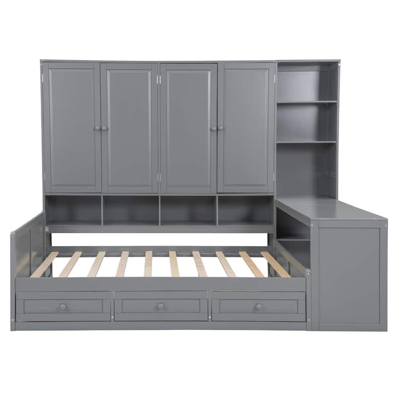 Full Size Wooden Daybed with Three Drawers, All-in-One Cabinet, Desk, and Shelves,Gray