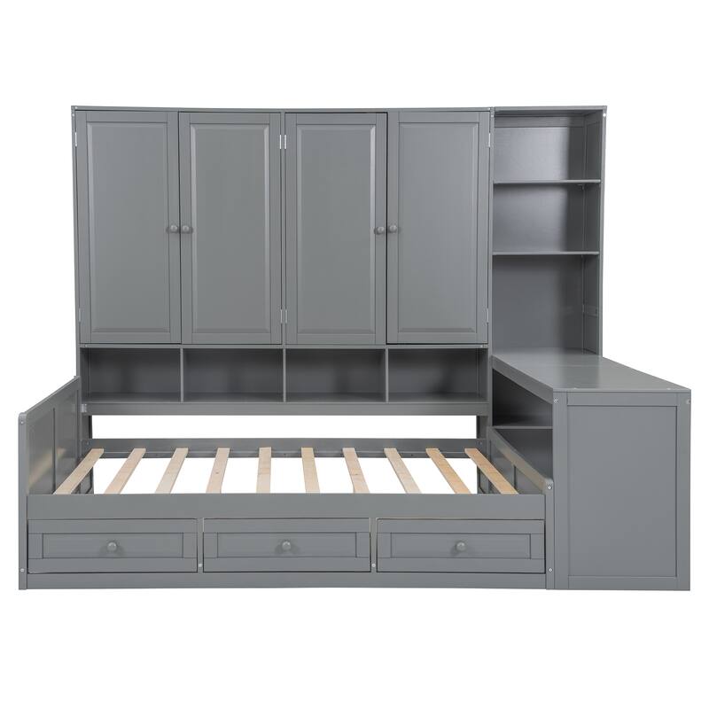 Versatile Full Size Daybed With Desk & Shelves, Space-Saving Wooden Storage Platform Frame with 3 Drawers and All-in-One Cabinet