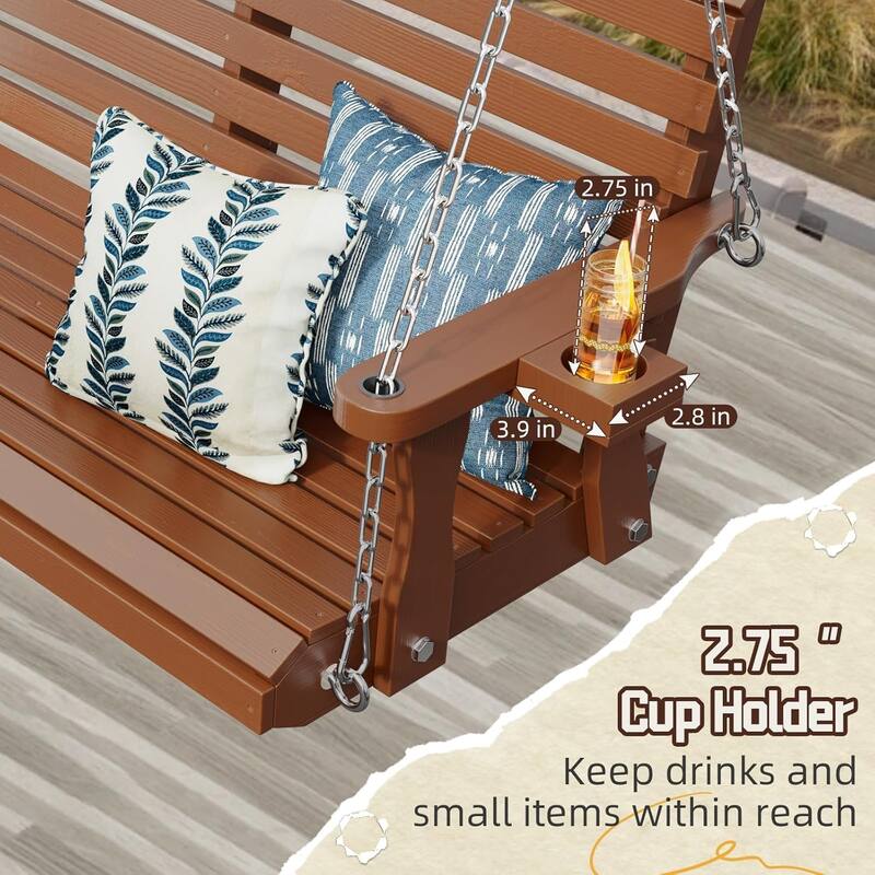 2-Seat Outdoor Wooden Porch Swing Bench with Hanging Chains & Wide Armrests & Cup Holder