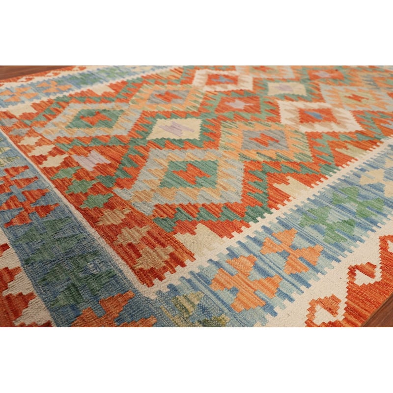 Geometric Kilim Oriental Area Rug Flatweave Wool Carpet - 4'11"x 6'7"